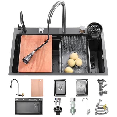 KOOGIMDDR Küchenspüle Für Den Arbeitsplatz 68x45cm Mit Wasserfallhahn spüle, edelstahlspüle schwarz Aus Edelstahl Den Hausgebrauch, Hochdruckreiniger, Schneidebrett, Abtropfkorb Und Zubehör von KOOGIMDDR