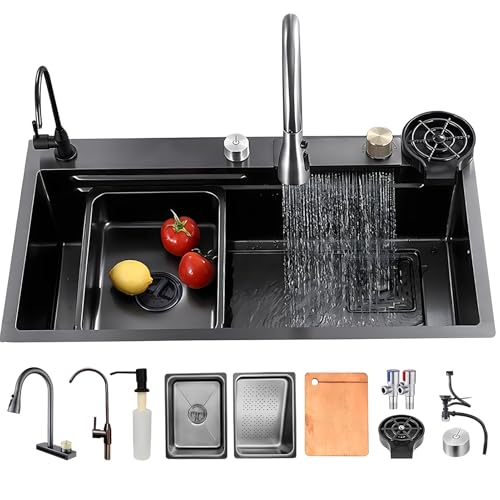 KOOGIMDDR Küchenspüle Für Den Arbeitsplatz 70x50cm Mit Wasserfallhahn, Einzelbeckenset Aus Edelstahl Schwarz-Grau Für Den Hausgebrauch, Hochdruckreiniger, Schneidebrett, Abtropfkorb Und Zubehör von KOOGIMDDR