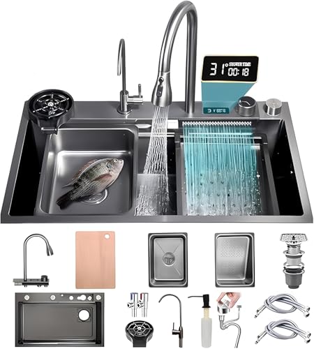 KOOGIMDDR Küchenspüle Für Den Arbeitsplatz 90x50cm Mit Wasserfallhahn, Einzelbeckenset Aus Edelstahl Schwarz-Grau Für Den Hausgebrauch, Hochdruckreiniger, Schneidebrett, Abtropfkorb Und Zubehör von KOOGIMDDR