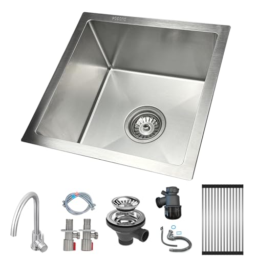 KOOGIMDDR Silberne Küchenspüle aus Edelstahl 38x38 cm – Einbauspüle kleine, Spüle mit Hahnloch, Siebkorbventil und Überlauf – Einbauspüle Rechteckiges Spülbecken von KOOGIMDDR
