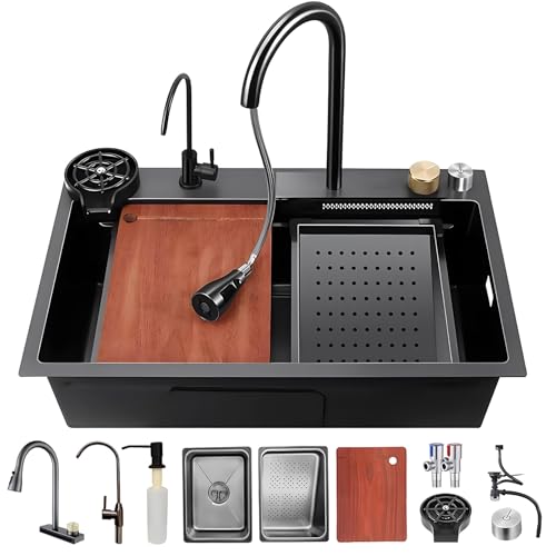 Küchenspüle Für Den Arbeitsplatz Mit Wasserfall, Doppelbecken, Ausziehbarem 3-in-1-Wasserhahn, Edelstahl-Beckenset, Hochdruckreiniger, Schneidebrett, Abtropfkorb Und Mehr Zubehör(Black-Gray A,75x46cm) von KOOGIMDDR