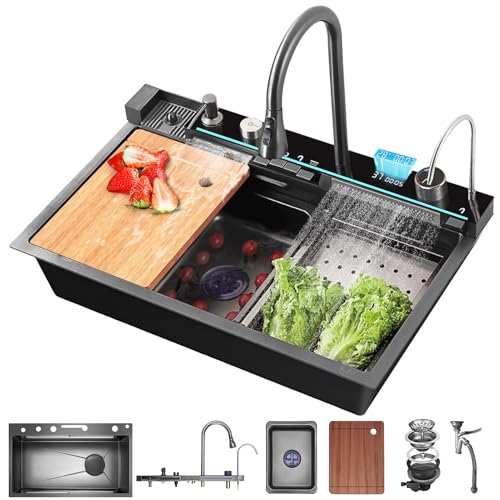 Wasserfall-Küchenspüle 80×46 cm – 1 Becken Edelstahl Nano Schwarz, integrierte Cup-Washer, Pull-out Armatur, Temperaturanzeige, Schneidebrett, Überlauf, Siphon & Ablaufgarnitur – Küchen-Arbeitsplatz von KOOGIMDDR