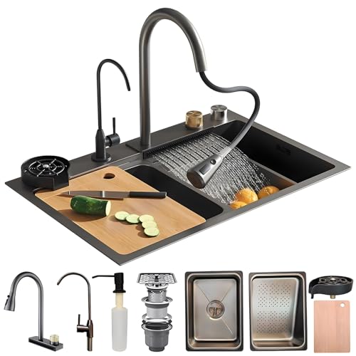 KOOGIMDDR 75x45cm Wasserfall Spüle Edelstahl, Spüle Küche mit Zubehör wie ausziehbare Wasserhähne, Küchen Spülbecken Einbau von Oben 1 Becken Einbauspüle Wie schwarz-grau von KOOGIMDDR
