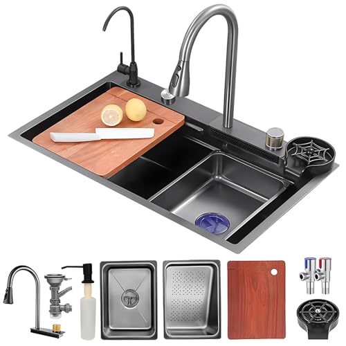 Wasserfall Spüle Mit Zubehörset Küchenspüle Edelstahl Rechteck Wie Ausziehbare Wasserhähne Multifunktionale Barspüle 1 Becken Einbauspüle 5 HahnLöcher Küchen Spülbecken(Black-Grey B,70x50cm) von KOOGIMDDR
