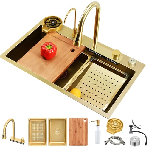 Wasserfall Spüle Mit Zubehörset Küchenspüle Edelstahl Rechteck Wie Ausziehbare Wasserhähne Multifunktionale Barspüle 1 Becken Einbauspüle 5 HahnLöcher Küchen Spülbecken(Gold,80x45cm) von KOOGIMDDR