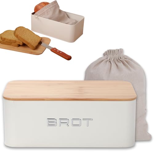 KOOK TIME Brotkästen Metall mit Bambusdeckel – Moderne Brotbox Küche – Brot aufbewahren Inkl. Baumwollbeutel – Belüftungslöcher – Bread box - 34x19x12,5 cm. - Weiß von KOOK TIME