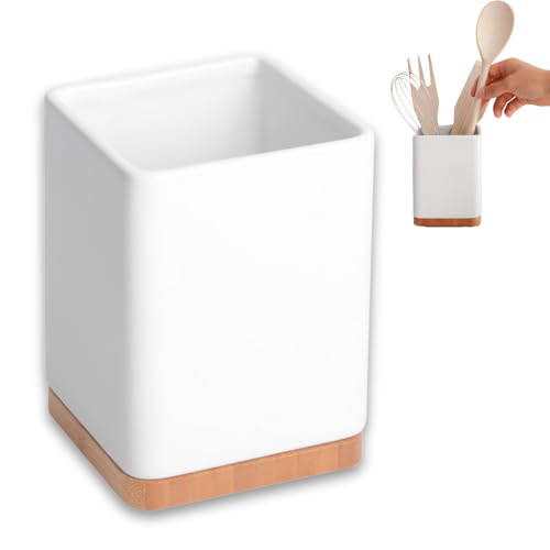 KOOK TIME Küchenutensilienhalter - Utensilienhalter küche aus keramik und Bambus - Quadratischer küchenhelfer aufbewahrung - Weiß - 10,5 x 10,5 x 15 cm (Weiß) von KOOK TIME