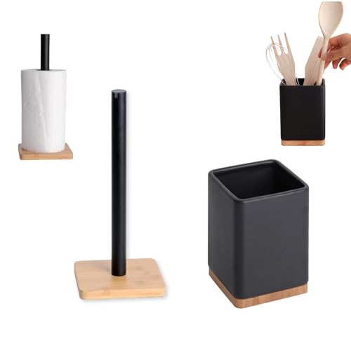 KOOK TIME Zubehör-Set für Küche - inkl. 1 x Küchenrollenhalter und 1 x Küchenutensilienhalter - Keramik Mattschwarz und Bambus von KOOK TIME