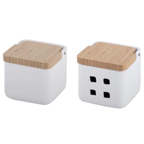 KOOK TIME Zubehör-Set für Küche - inkl. 1 x Salzdose mit deckel und 1 x Knoblauch dose mit deckel aus Bambusholz - Keramik und Bambus - (Set 2 Weiß) von KOOK TIME