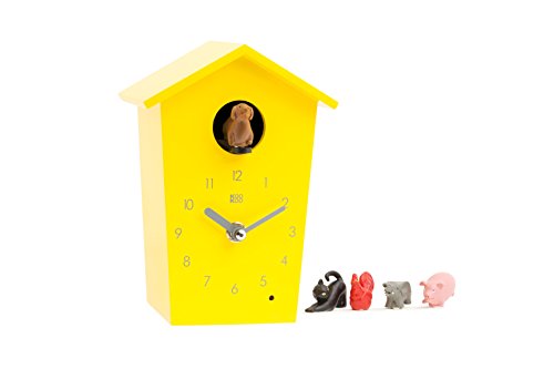 KOOKOO AnimalHouse Gelb, Moderne kleine Kuckucksuhr mit 5 Bauernhoftieren, Aufnahmen aus der Natur, mit freundlichem und modernem Design. von KOOKOO