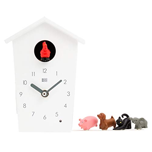 KOOKOO AnimalHouse Weiss, Moderne kleine Kuckucksuhr mit 5 Bauernhoftieren, Aufnahmen aus der Natur. Hat EIN freundliches und modernes Design. von KOOKOO