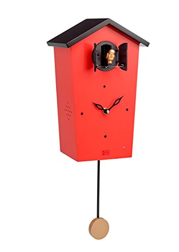 KOOKOO Birdhouse rot, Moderne Design Kuckucksuhr mit 12 heimischen Vogelstimmen oder Kuckuck, Aufnahmen aus der Natur von KOOKOO