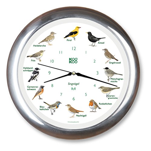 KOOKOO Singvögel Chrom, Die Singende Vogeluhr, mit 12 heimischen Singvögeln und echten, natürlichen Vogelstimmen, mit RC Funkquarzwerk von KOOKOO