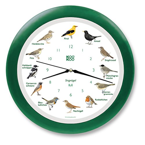 KOOKOO Singvögel Grün, Die Singende Vogeluhr, mit 12 heimischen Singvögeln und echten, natürlichen Vogelstimmen, mit RC Funkquarzwerk von KOOKOO