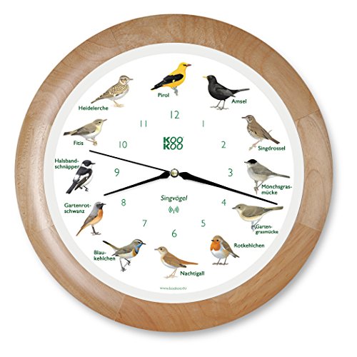 KOOKOO Singvögel Holz, Die Singende Vogeluhr, mit 12 heimischen Singvögeln und echten, natürlichen Vogelstimmen, mit RC Funkquarzwerk von KOOKOO