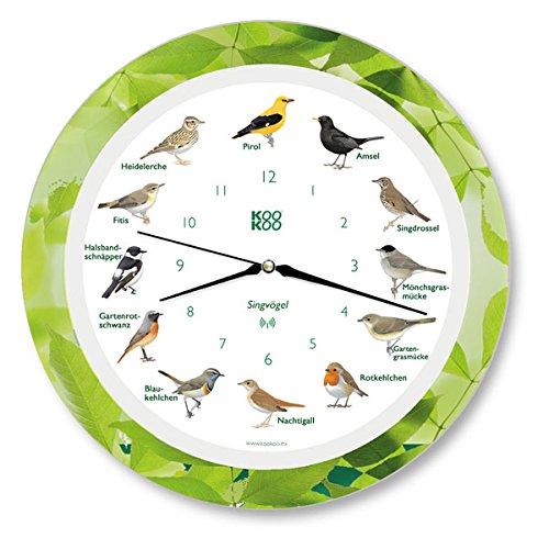 KOOKOO Singvögel Leaf, Die Singende Vogeluhr, mit 12 heimischen Singvögeln und echten, natürlichen Vogelstimmen, mit RC Funkquarzwerk von KOOKOO