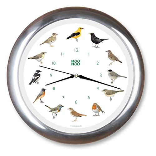 KOOKOO Singvögel Quarzwerk Chrom, Die Singende Vogeluhr, runde Wanduhr mit natürlichen Vogelstimmen von KOOKOO