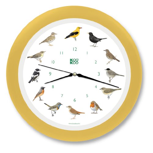 KOOKOO Singvögel Quarzwerk Creme-Gelb, Die Singende Vogeluhr, runde Wanduhr mit natürlichen Vogelstimmen von KOOKOO