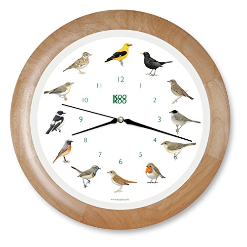 KOOKOO Singvögel Quarzwerk Holz, Die Singende Vogeluhr, runde Wanduhr mit natürlichen Vogelstimmen von KOOKOO