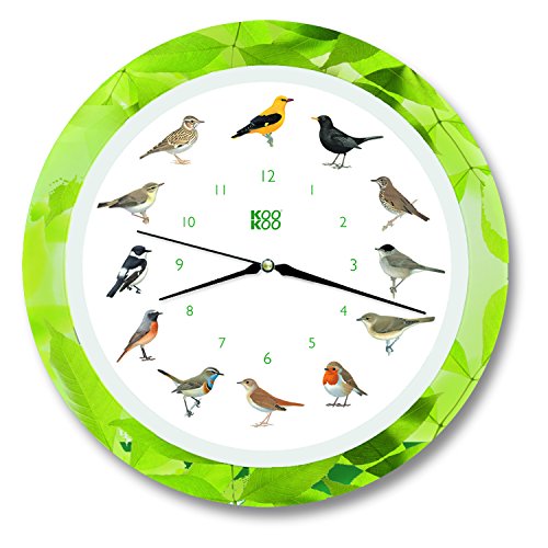 KOOKOO Singvögel Quarzwerk Leaf, Die Singende Vogeluhr, runde Wanduhr mit natürlichen Vogelstimmen von KOOKOO