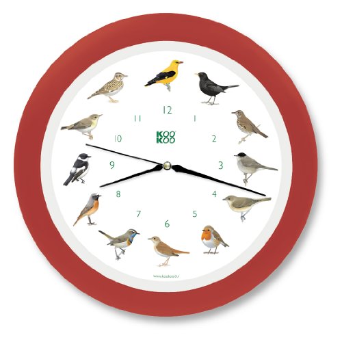 KOOKOO Singvögel Quarzwerk Erdbeer-Rot, Die Singende Vogeluhr, runde Wanduhr mit natürlichen Vogelstimmen von KOOKOO