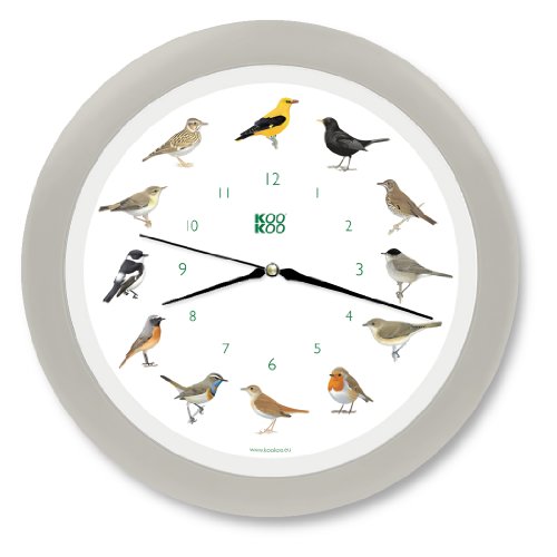 KOOKOO Singvögel Quarzwerk seiden-grau, Die Singende Vogeluhr, runde Wanduhr mit natürlichen Vogelstimmen von KOOKOO