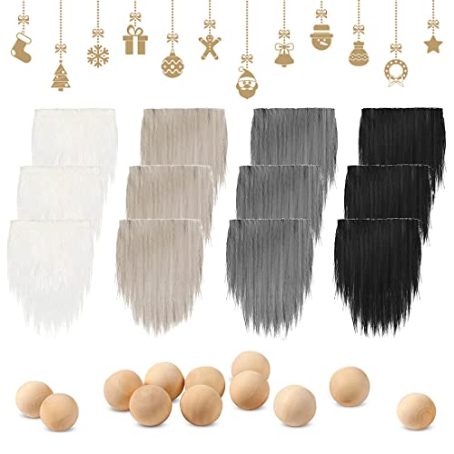 KOOKZ 12 Stück Stoff Kunstpelz Dekor Bart Wichtel und Holzkugeln Set, Wichtel Figuren Christmas Gnome Wichtel Zubehör, Ideal Weihnachten Deko für Cosplay Party Halloween Ostern DIY Basteln Nähen von KOOKZ