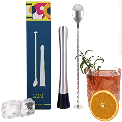 Barlöffel und Cocktails Stössel Set, Edelstahl Cocktail Stößel mit Metall Löffel, Stampfer für Mojito und Caipirinha, Basis Cocktailset für die Zubereitung von Getränken, Bar Muddler & Spoon von KOOLTHO