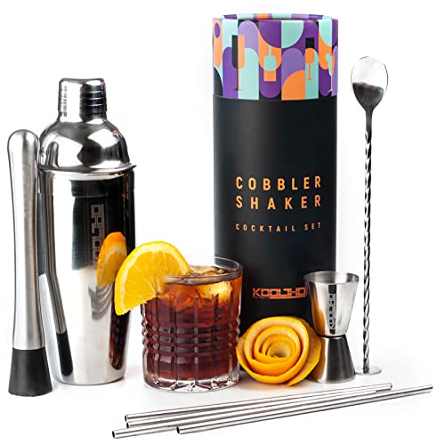 Cocktail Shaker Edelstahl Barkeeper Set, Cobbler Cocktailshaker Profi Originelle Geschenk für Männer Frauen, Bartender Barset cl Messbecher Bar Löffel Stössel Strohhalme von KOOLTHO