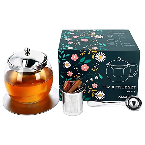 Teekanne Glas mit Siebeinsatz Set, Tee Kanne aus Glas 1L Sieb Edelstahl Teelöffel Metall Untersetzer in Geschenkbox, Geschenk für Frauen Männer Teeliebhaber, Glasteekanne Teesieb Teebox Teapot Tea Pot von KOOLTHO