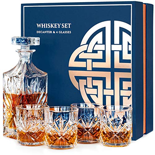 Whisky Karaffe Whiskey Gläser Set, Geschenke für Männer Mann Papa, 4 Whiskygläser Dekanter Geschenkset, Whisky Bleifrei Glas Geschenk, Whiskey Whiskyglas Geschenkbox von KOOLTHO