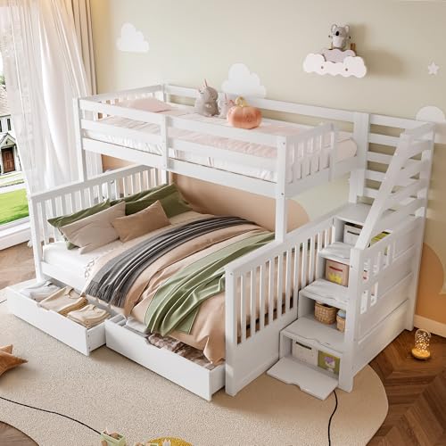Children's Bunk Bed 90 x 200 cm and 140 x 200 cm with Storage Drawers and Staircase, Wooden Slatted Frame and Fall Protection, Without Mattress von KOOMAL