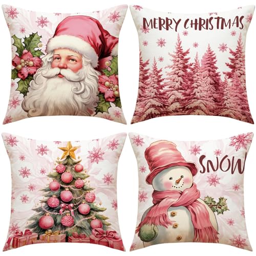 KOOMAL 4 x Weihnachts-Kissenbezüge, 45,7 x 45,7 cm, rosa Leinen, quadratisch, Weihnachtsdesign, Kissenbezüge für Sofa, Auto, Heimdekoration (Kissen nicht im Lieferumfang enthalten) von KOOMAL