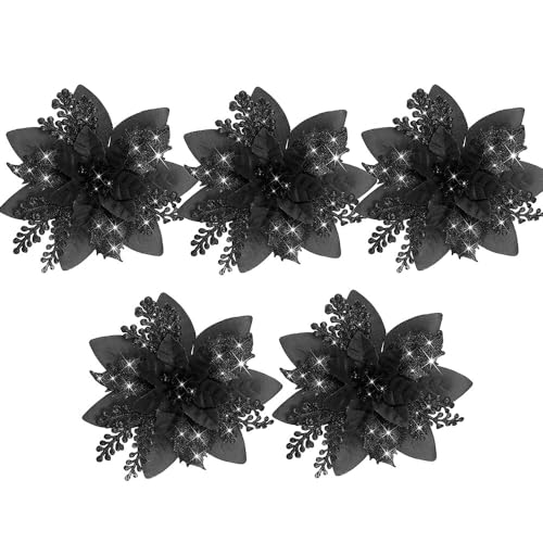KOOMAL 5 Stück glitzernde Weihnachtssterne, künstliche Blumen, Weihnachtsbaumschmuck (Clips nicht im Lieferumfang enthalten) (schwarz) von KOOMAL