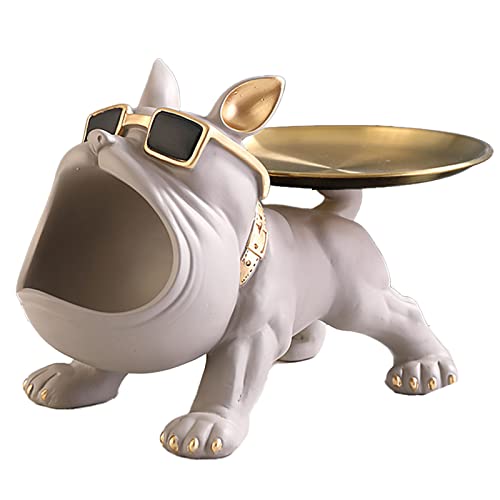 KOOMAL Cool Bulldog Sculpture, Resin French Bulldog Statue with Stainless Steel Tray, Coins Piggy Bank Storage Animal Dog Sculpture Desktop Ornament (Grey) von KOOMAL