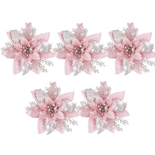 KOOMAL Glitzernde Weihnachtssterne, künstliche Blumen, Weihnachtsbaumschmuck (Clips nicht im Lieferumfang enthalten) (Rosa) 5 Stück von KOOMAL