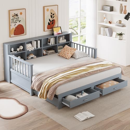 KOOMAL Pull-Out Sofa Bed, 90/180 x 190 cm with Slatted Frames, Extendable Multifunctional Bed with 2 Drawers and Charging Socket (Grey) von KOOMAL