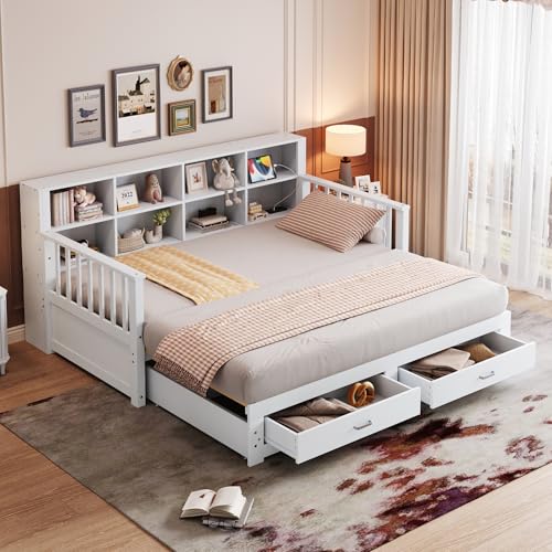KOOMAL Pull-Out Sofa Bed, 90/180 x 190 cm with Slatted Frames, Extendable Multifunctional Bed with 2 Drawers and Charging Socket (White) von KOOMAL