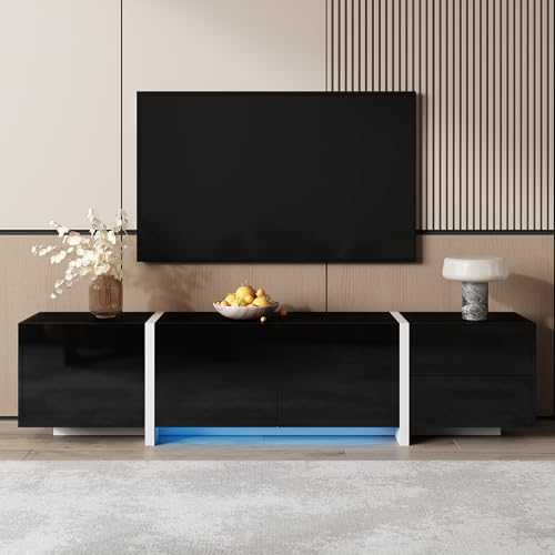 Modern LED TV Unit Cabinet Stand Cupboard 170CM High Gloss with Doors and Drawer (Black) von KOOMAL