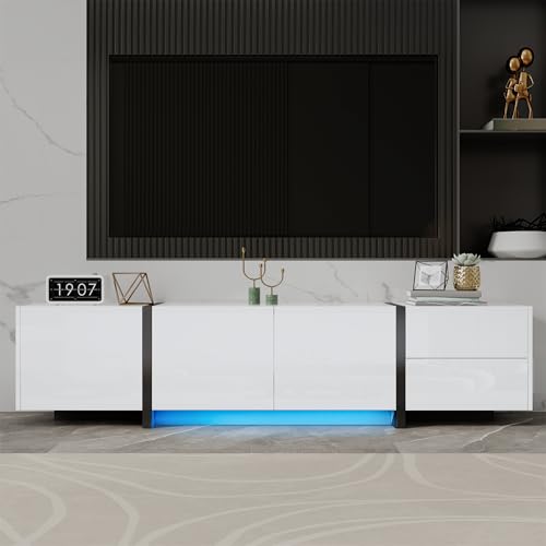 Modern LED TV Unit Cabinet Stand Cupboard 170CM High Gloss with Doors and Drawer (White) von KOOMAL
