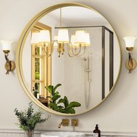Koonmi Runder Wandspiegel mit tiefem Rahmen, Badezimmerspiegel mit Aluminiumrahmen, gehärtetes Glas, 120 cm, Gold Koonmi Runder Wandspiegel mit tiefem Rahmen, Badezimmerspiegel mit Aluminiumrahmen, gehärtetes Glas, 120 cm, Gold von KOONMI