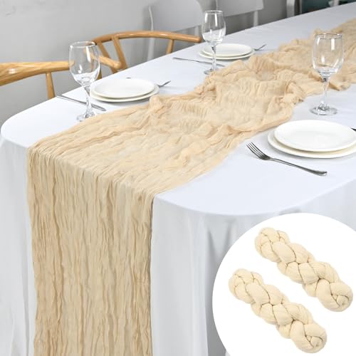 2 Stück Tischläufer Salbeigrün Käsetuch, Boho Table Runner Tischdeko Cheesecloth Rustikaler Durchsichtiger Läufer (2 Stück Beige) von KOOOGEAR