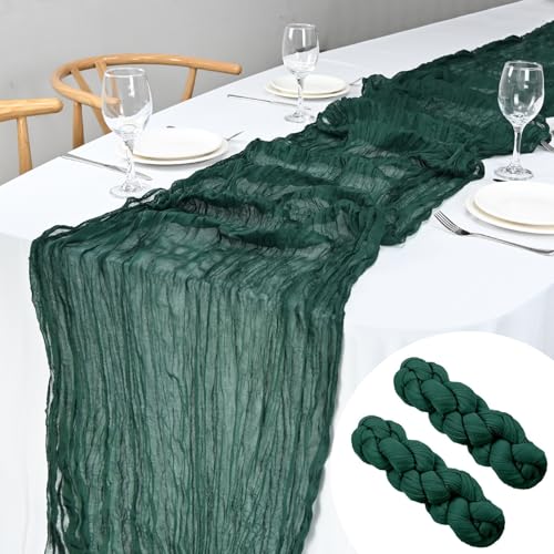 2 Stück Tischläufer Salbeigrün Käsetuch, Boho Table Runner Tischdeko Cheesecloth Rustikaler Durchsichtiger Läufer (2 Stück Dunkelgrün) von KOOOGEAR