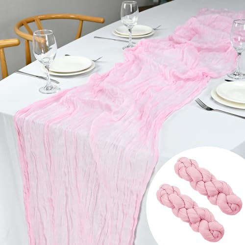 2 Stück Tischläufer Salbeigrün Käsetuch, Boho Table Runner Tischdeko Cheesecloth Rustikaler Durchsichtiger Läufer (2 Stück Rosa) von KOOOGEAR