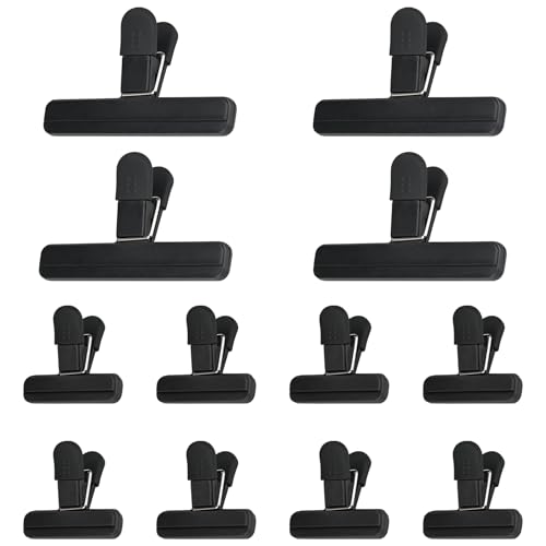 KOOOGEAR 12 Stück Verschlussclips,Verschluss Clips Für Tüten,Schwarz Bunte Klammern Tüten,Wiederverwendbar Tütenclips für Verpackung Süßigkeiten Snacks (12 Stück Schwarz) von KOOOGEAR