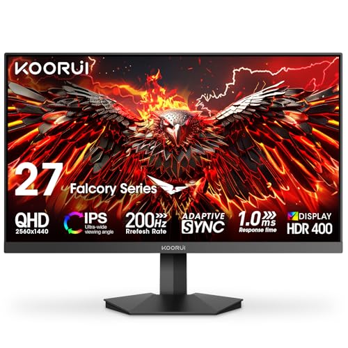 KOORUI 27 Zoll Gaming Monitor, QHD 200Hz 1ms Fast IPS | HDR 400 Adapitive Sync Kompatibel, 95% DCI-P3 | HDMI 2.0/DP 1.4 Augenpflege VESA-Wandmontage von KOORUI