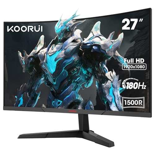 KOORUI 27 Zoll Curved Gaming Monitor, FHD 1080p, 4ms Reaktionszeit,165Hz Bildwiederholraten, DCI-P3 90%, SRGB 100%, HDMI 1.2, DP 1.2, Audioanschluss, 250cd/m² Helligkeit Schwarz von KOORUI