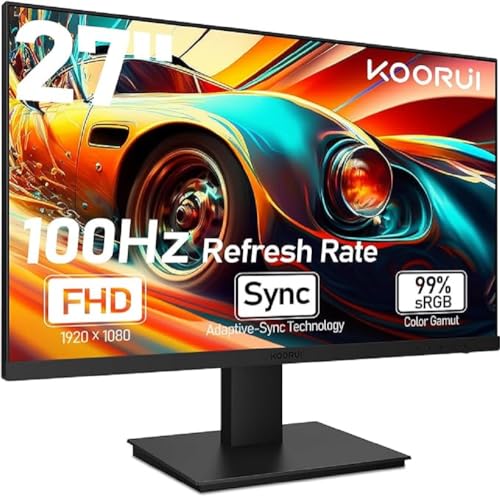 KOORUI 27 Zoll Gaming Monitor mit integrierten Lautsprechern, 100Hz, 1080p Bildschirm Aufhängbar, Rahmenlos, HDMI, Neigungsverstellbar, Augenpflege, VESA-Wandmontage Schwarz von KOORUI