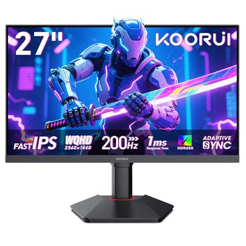 KOORUI 27 Zoll Gaming Monitor 200Hz, Fast IPS PC Bildschirm QHD2560x1440, Adaptive Sync 1ms, HDR400,HDMI 2.0 & DP 1.4, VESA 75x75 mm, Höhenverstellbar von KOORUI
