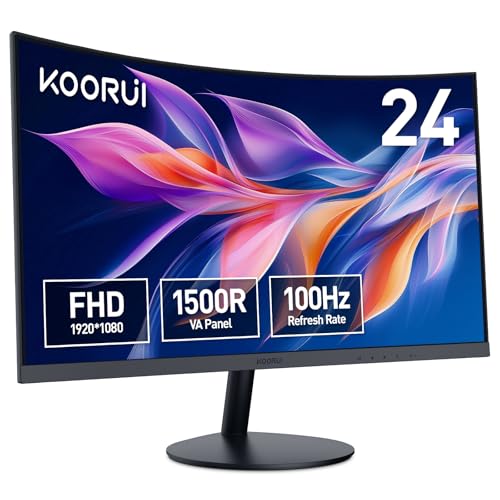 KOORUI Curved Monitor - 23.6 Zoll FHD Curved Computer Monitor, VA-Panel, 100Hz, Krümmung 1500R, Neigungsverstellung, Augenpflege, HDMI, VGA Gaming Monitor, Schwarz von KOORUI